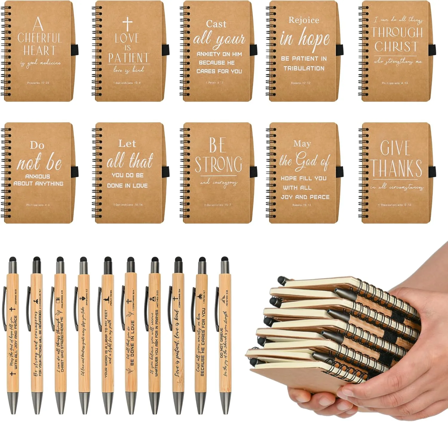 INSADA Christian Prayer Journal Spiral Notebooks Bulk with Pens - Small Notepads (4.13”x5.43”) - inspirational Gifts for Women men,Church Members & Bible Study Groups (60 sets Brown)