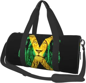 Jamaican Flag Lion Head Round Travel Duffel Bag Large Capacity Gym Sports Bags for Hiking Vacation Trips