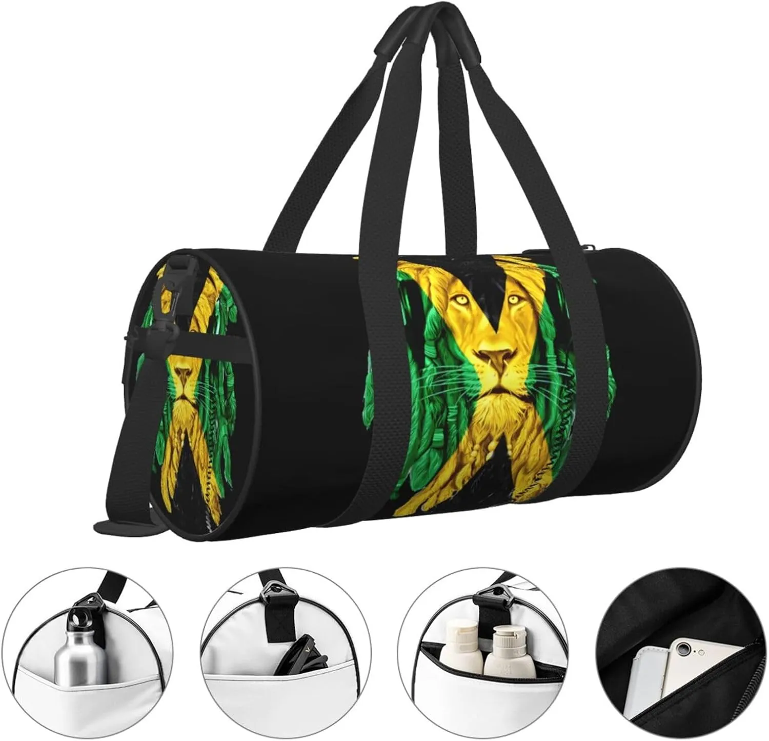 Jamaican Flag Lion Head Round Travel Duffel Bag Large Capacity Gym Sports Bags for Hiking Vacation Trips