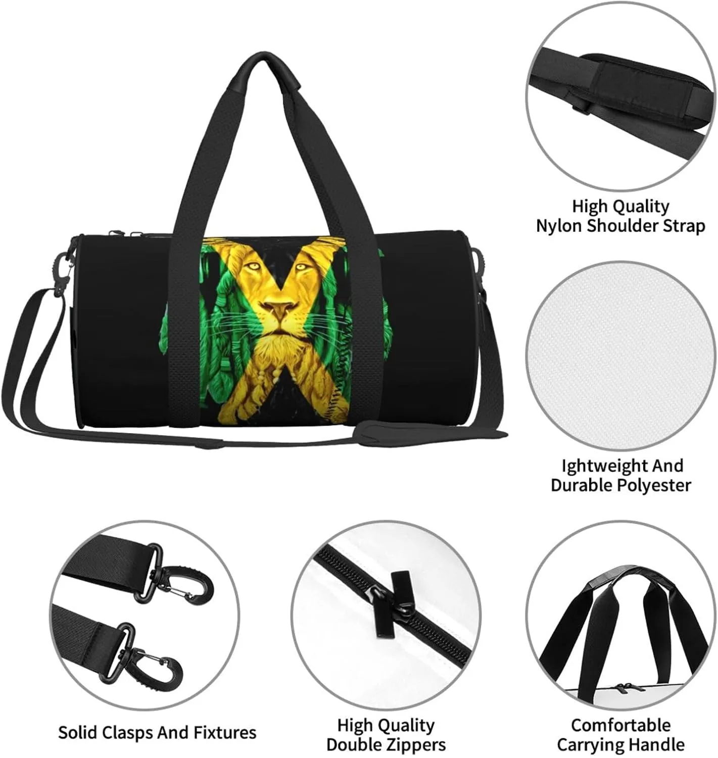 Jamaican Flag Lion Head Round Travel Duffel Bag Large Capacity Gym Sports Bags for Hiking Vacation Trips