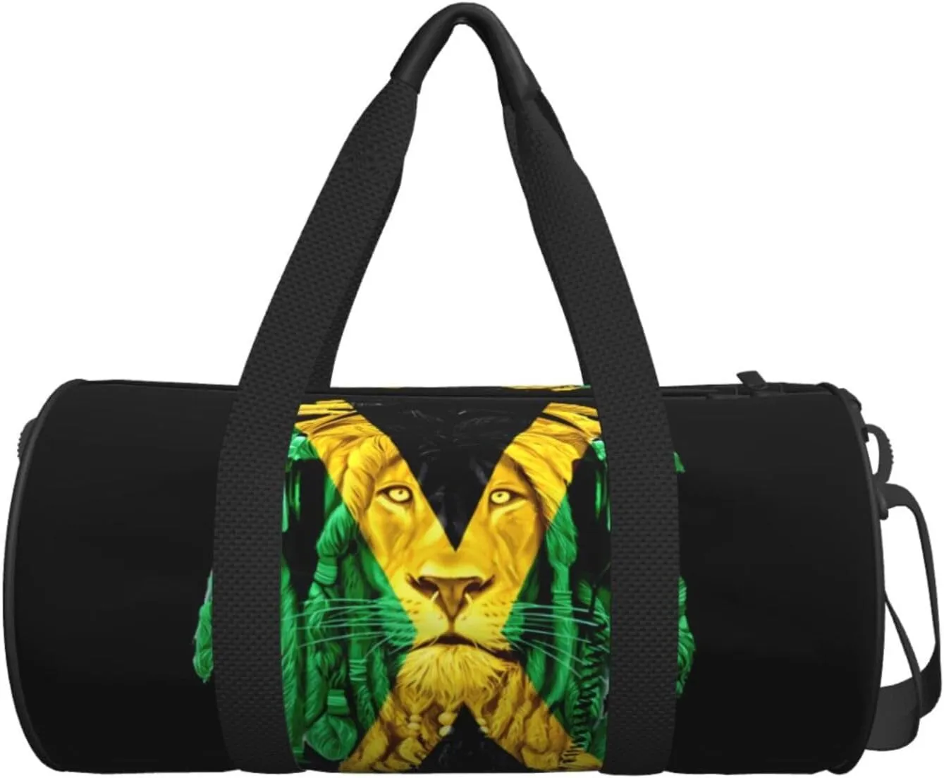 Jamaican Flag Lion Head Round Travel Duffel Bag Large Capacity Gym Sports Bags for Hiking Vacation Trips