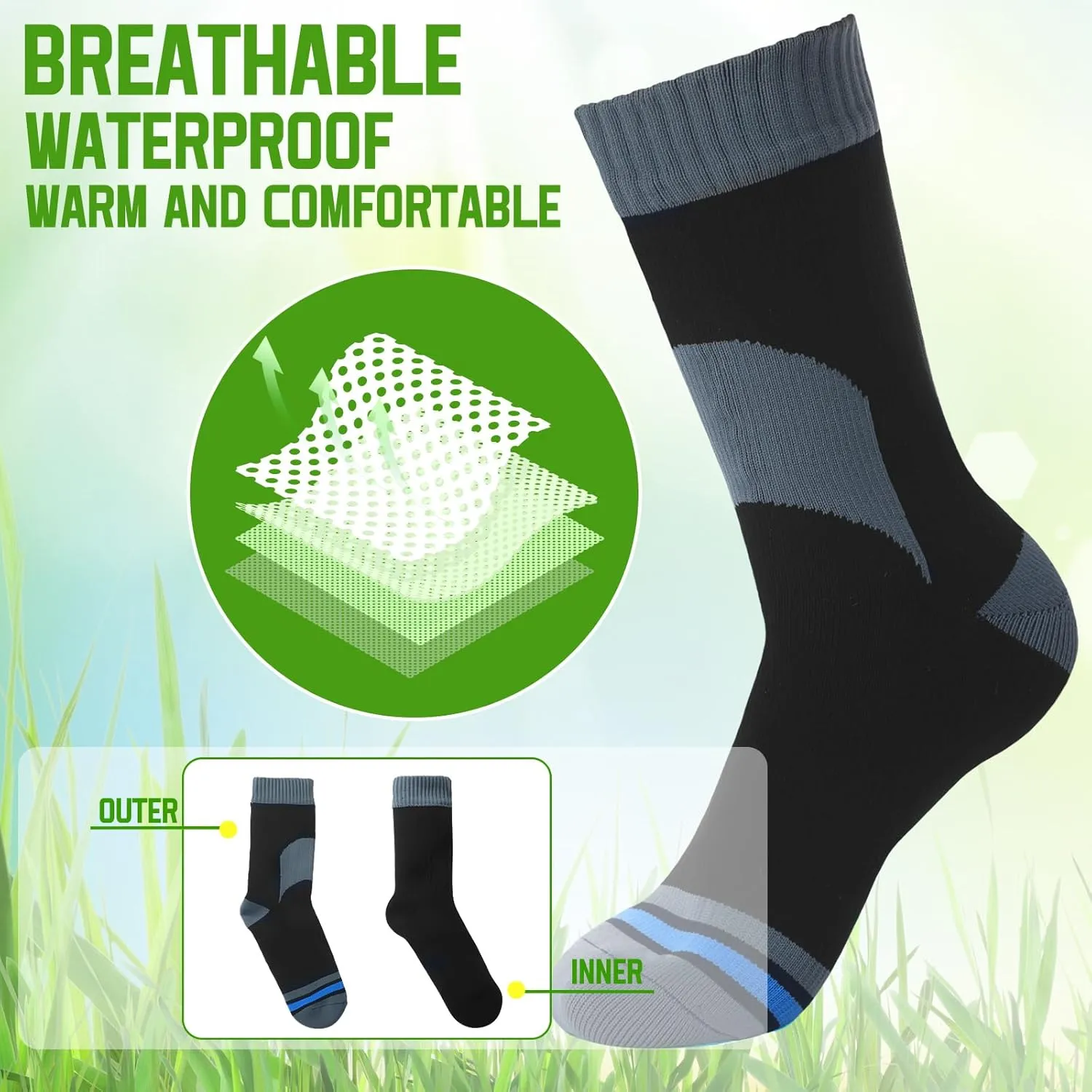 Janmercy 3 Pairs Unisex Waterproof Breathable Knit Socks for Men Women Socks for Hiking Wading Running Skiing, 3 Colors