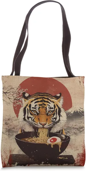 Japanese Woodblock Graphic Tiger Eating Ramen Cat Lover Tote Bag
