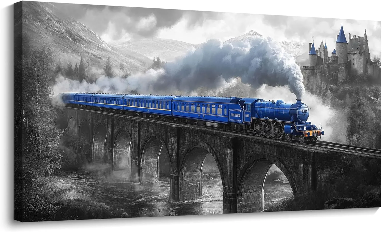 JEAWA Train Canvas Wall Art - Large Canvas Wall Decor for Bedroom Living Room Home Office 24 x 48 IN, Great Bridge and Castle Wall Art for Home Decoration, Blue Gray Pictures for Wall Decor
