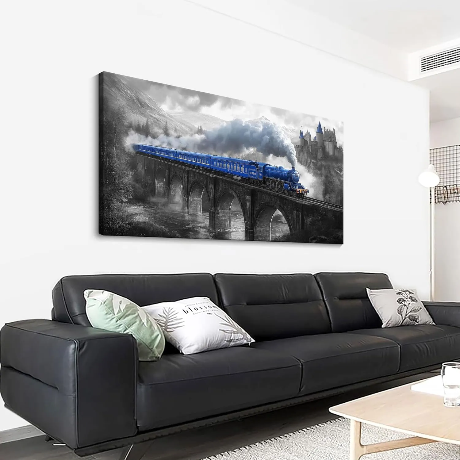 JEAWA Train Canvas Wall Art - Large Canvas Wall Decor for Bedroom Living Room Home Office 24 x 48 IN, Great Bridge and Castle Wall Art for Home Decoration, Blue Gray Pictures for Wall Decor