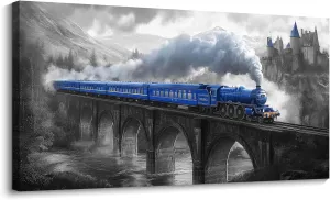 JEAWA Train Canvas Wall Art - Large Canvas Wall Decor for Bedroom Living Room Home Office 24 x 48 IN, Great Bridge and Castle Wall Art for Home Decoration, Blue Gray Pictures for Wall Decor