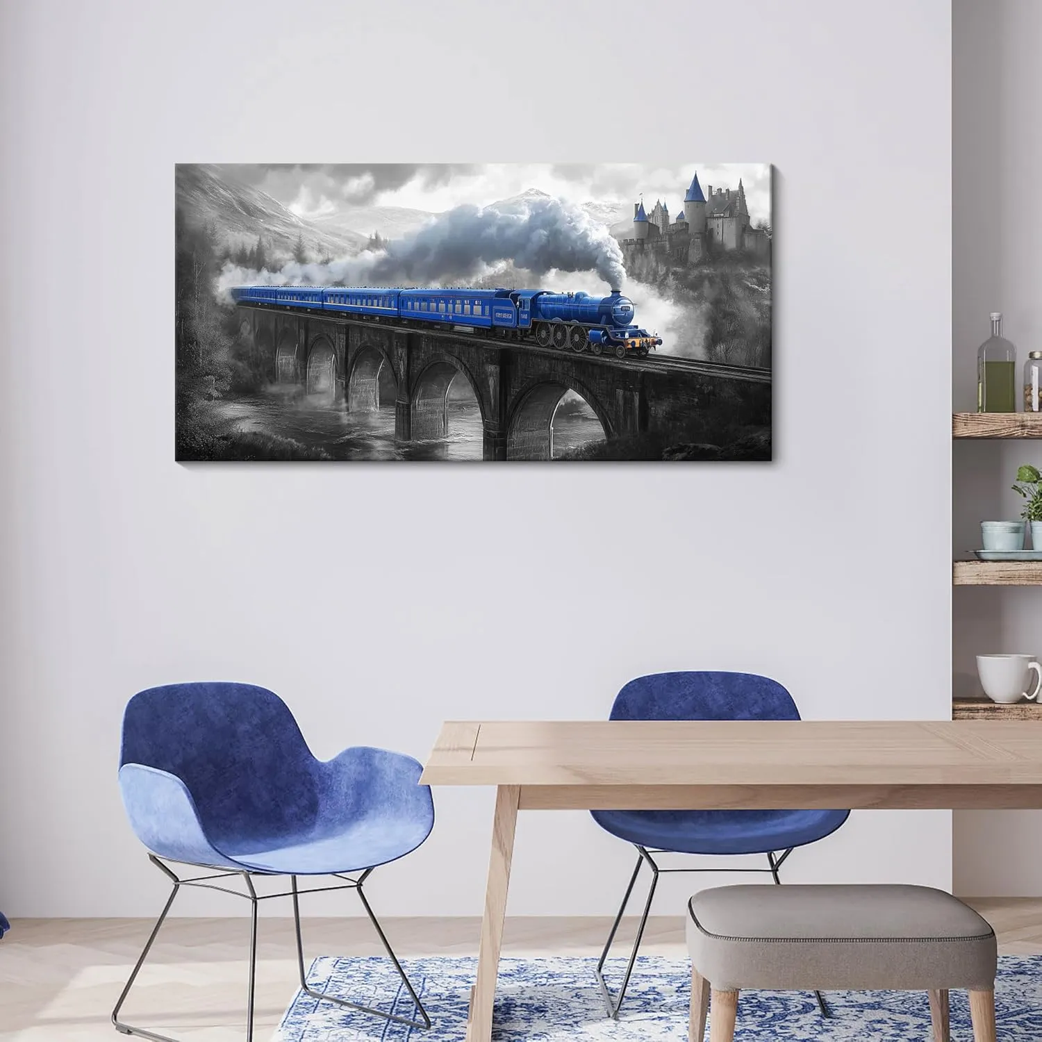 JEAWA Train Canvas Wall Art - Large Canvas Wall Decor for Bedroom Living Room Home Office 24 x 48 IN, Great Bridge and Castle Wall Art for Home Decoration, Blue Gray Pictures for Wall Decor