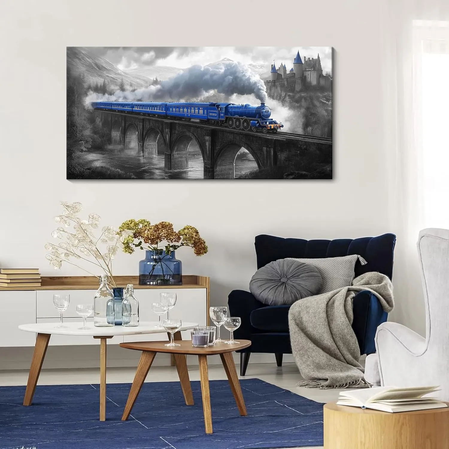 JEAWA Train Canvas Wall Art - Large Canvas Wall Decor for Bedroom Living Room Home Office 24 x 48 IN, Great Bridge and Castle Wall Art for Home Decoration, Blue Gray Pictures for Wall Decor