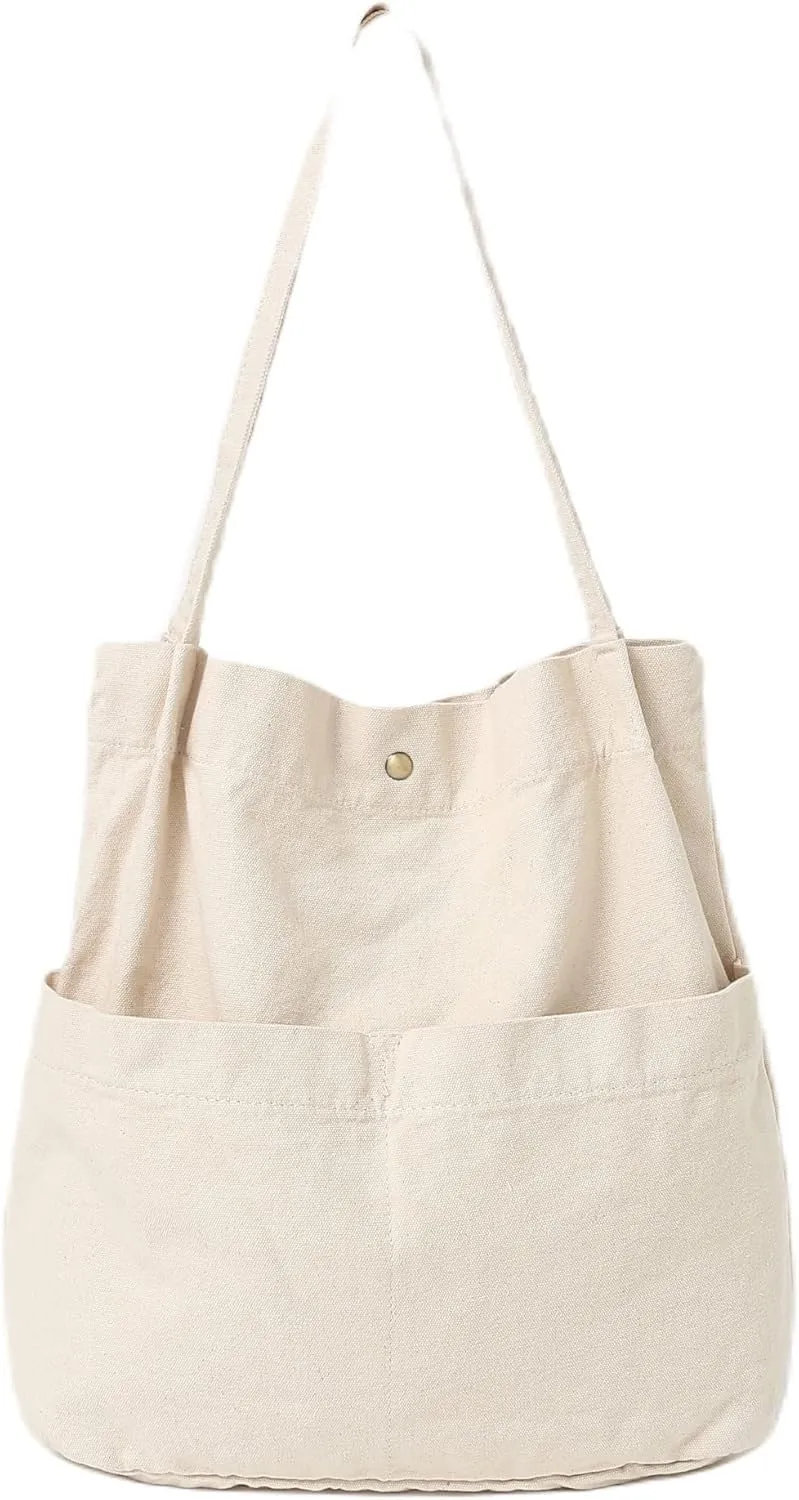 Jeelow Canvas Tote Handbag Shoulder Bucket Bag Purses For Men & Women With Pockets