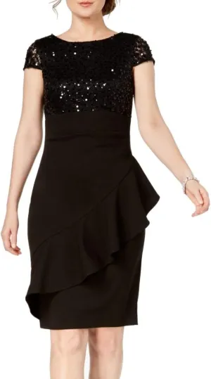 Jessica Howard Women's Cap Sleeve Bodice with Asymmetrical Ruffle Side Tuck Skirt