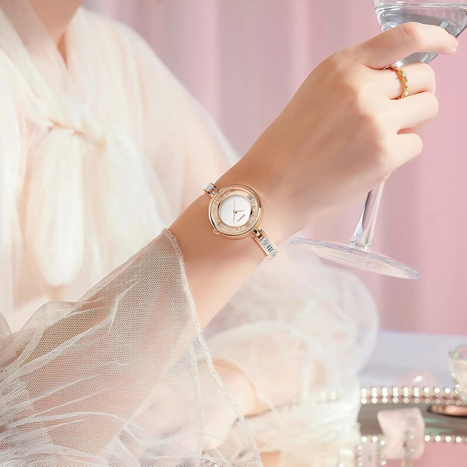 JewelryWe Women Watch Silver/Gold Plated Banlge Bracelet Watch Simple Round Analog Rhinestone Dress Watch Stylish Business Casual Watch