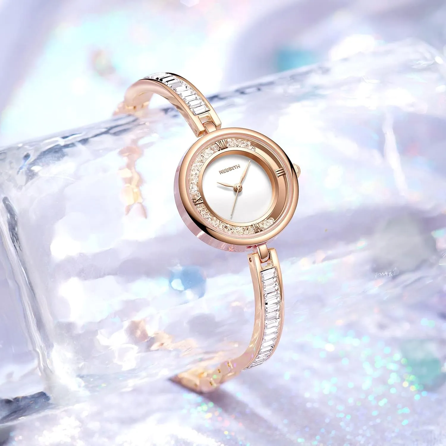 JewelryWe Women Watch Silver/Gold Plated Banlge Bracelet Watch Simple Round Analog Rhinestone Dress Watch Stylish Business Casual Watch