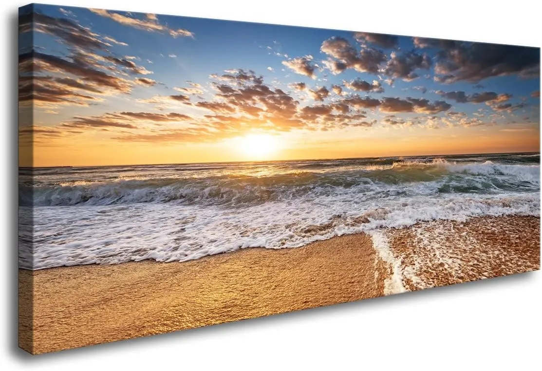 Jiuqinghua Wall Art Decor Large Canvas Print Picture Sunrise over the Sea 1 Panel Ocean Beach Waves Scenery Painting Artwork for Office Wall Decor Home Decoration Stretched and Framed Ready to Hang