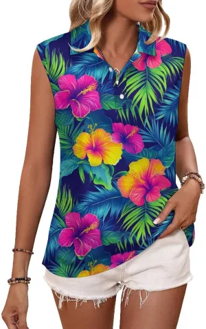JooMeryer Women's Moisture Wicking Golf Shirt Hawaiian Surfing Flower Printed Sleeveless Athletic Shirts