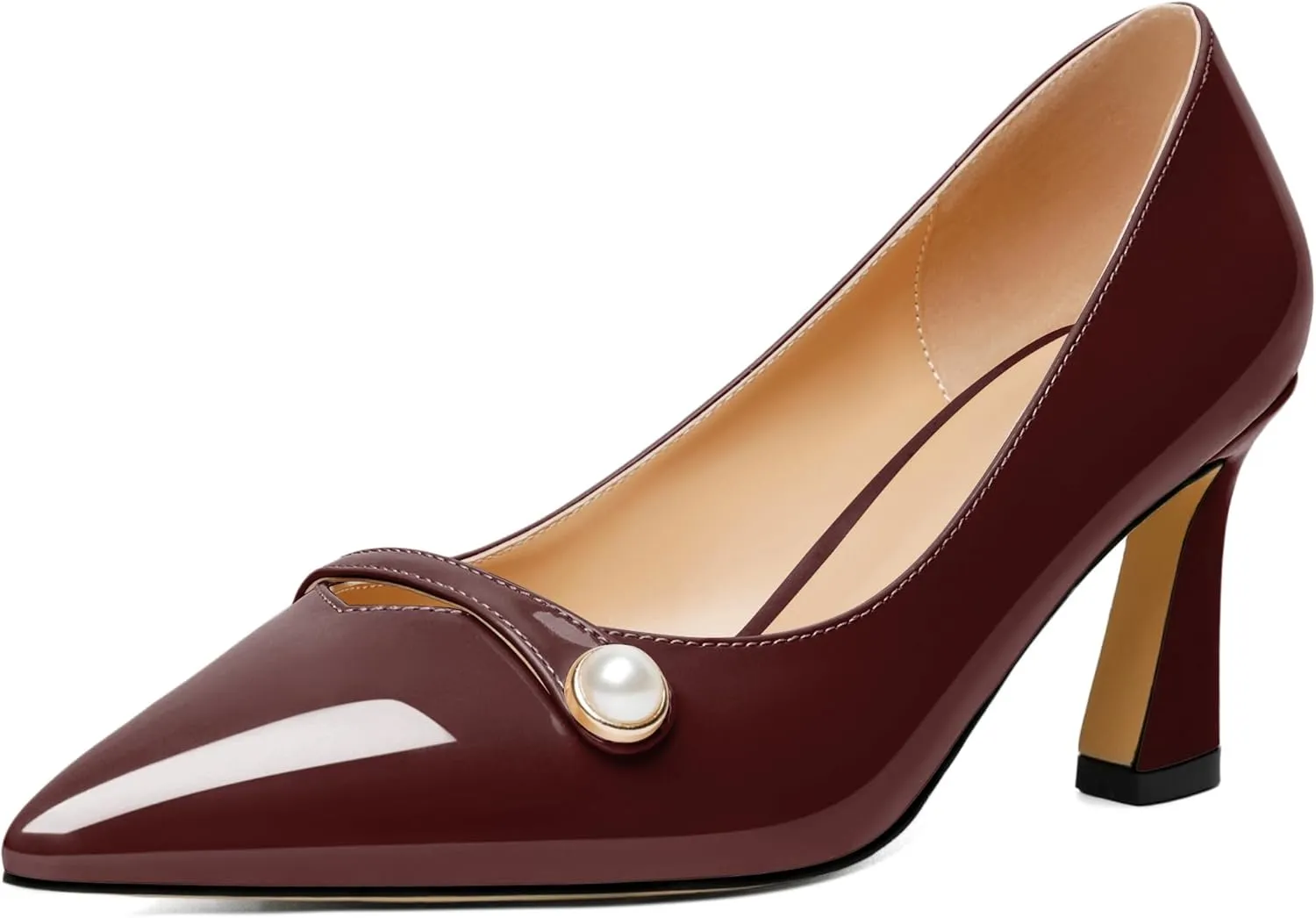 Joseywade Women's Low Heel Pumps 2.5 Inch Closed Pointed Toe Kitten Heels Slip On Business Pearl Dressy Shoes