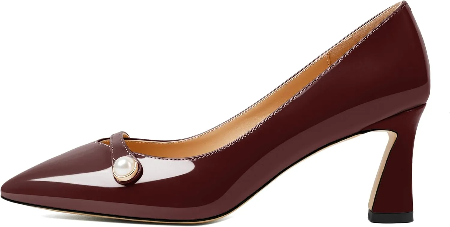 Joseywade Women's Low Heel Pumps 2.5 Inch Closed Pointed Toe Kitten Heels Slip On Business Pearl Dressy Shoes