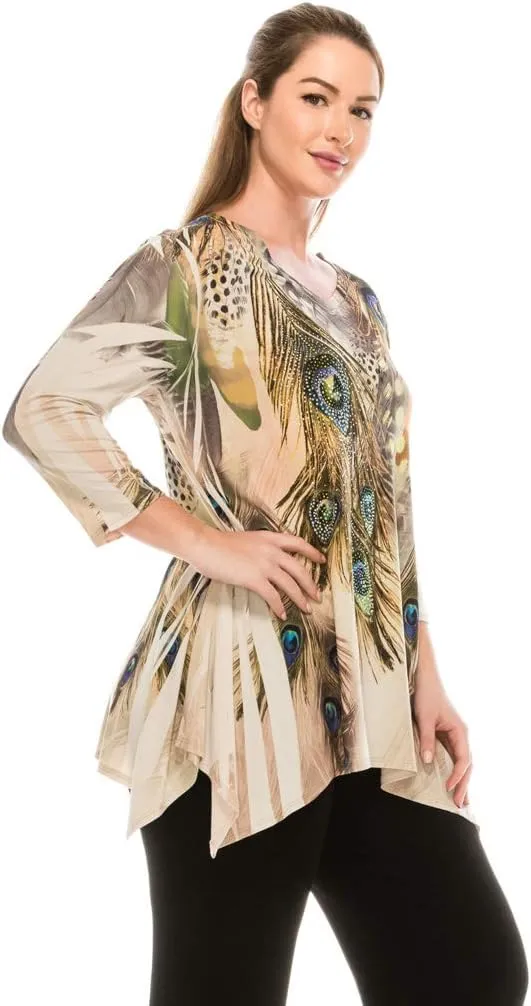 Jostar Women's Rhinestone Tunic Top - Plus Size HIT V-Neck 3/4 Sleeve Casual Printed Binding T Shirts