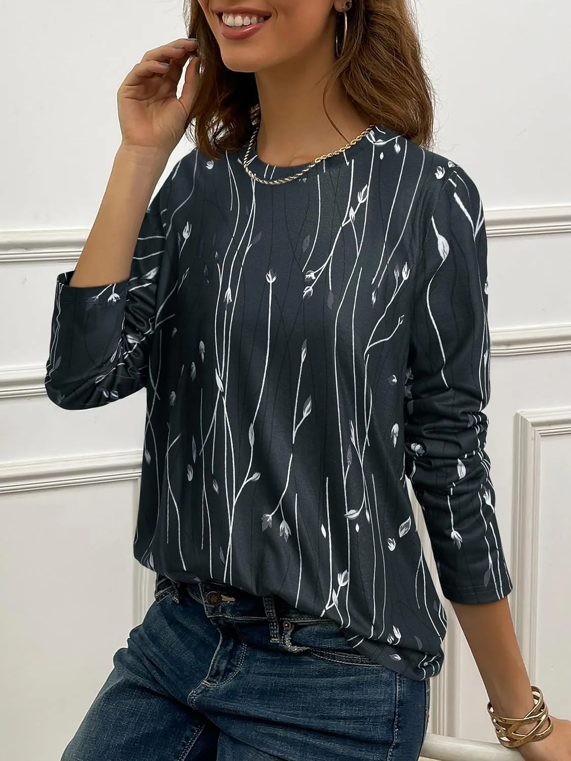 JUSTFASHIONNOW Womens Long Sleeve Tops Casual Shirts for Women Summer Flower Printed T Shirt Crewneck Floral Tee