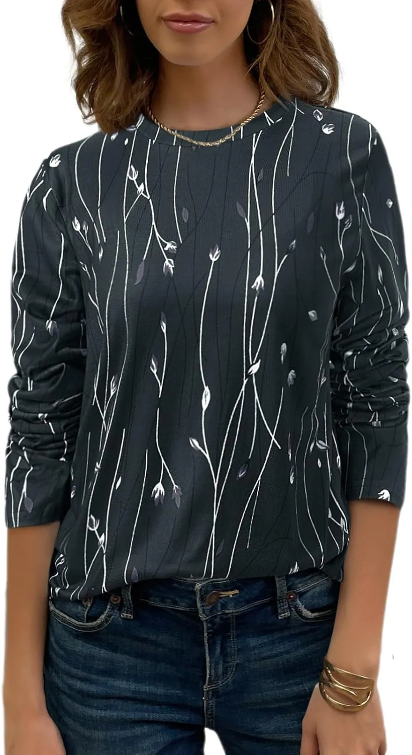 JUSTFASHIONNOW Womens Long Sleeve Tops Casual Shirts for Women Summer Flower Printed T Shirt Crewneck Floral Tee