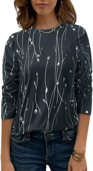 JUSTFASHIONNOW Womens Long Sleeve Tops Casual Shirts for Women Summer Flower Printed T Shirt Crewneck Floral Tee