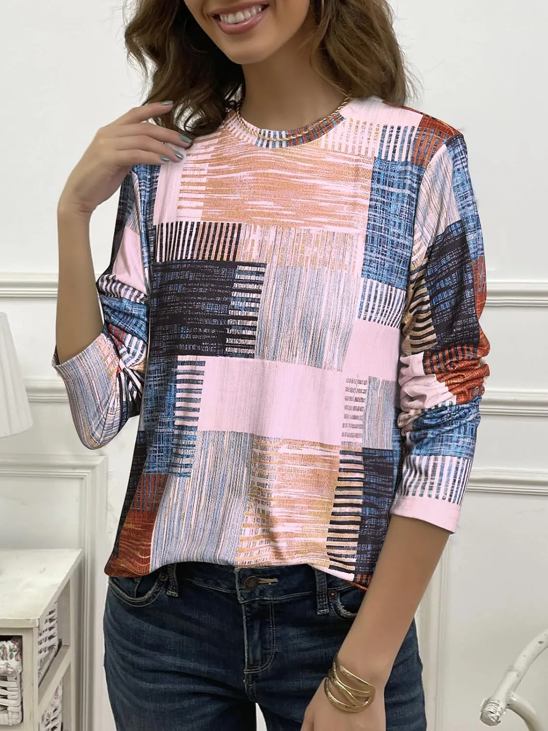JUSTFASHIONNOW Womens Long Sleeve Tops Casual Shirts for Women Summer Flower Printed T Shirt Crewneck Floral Tee