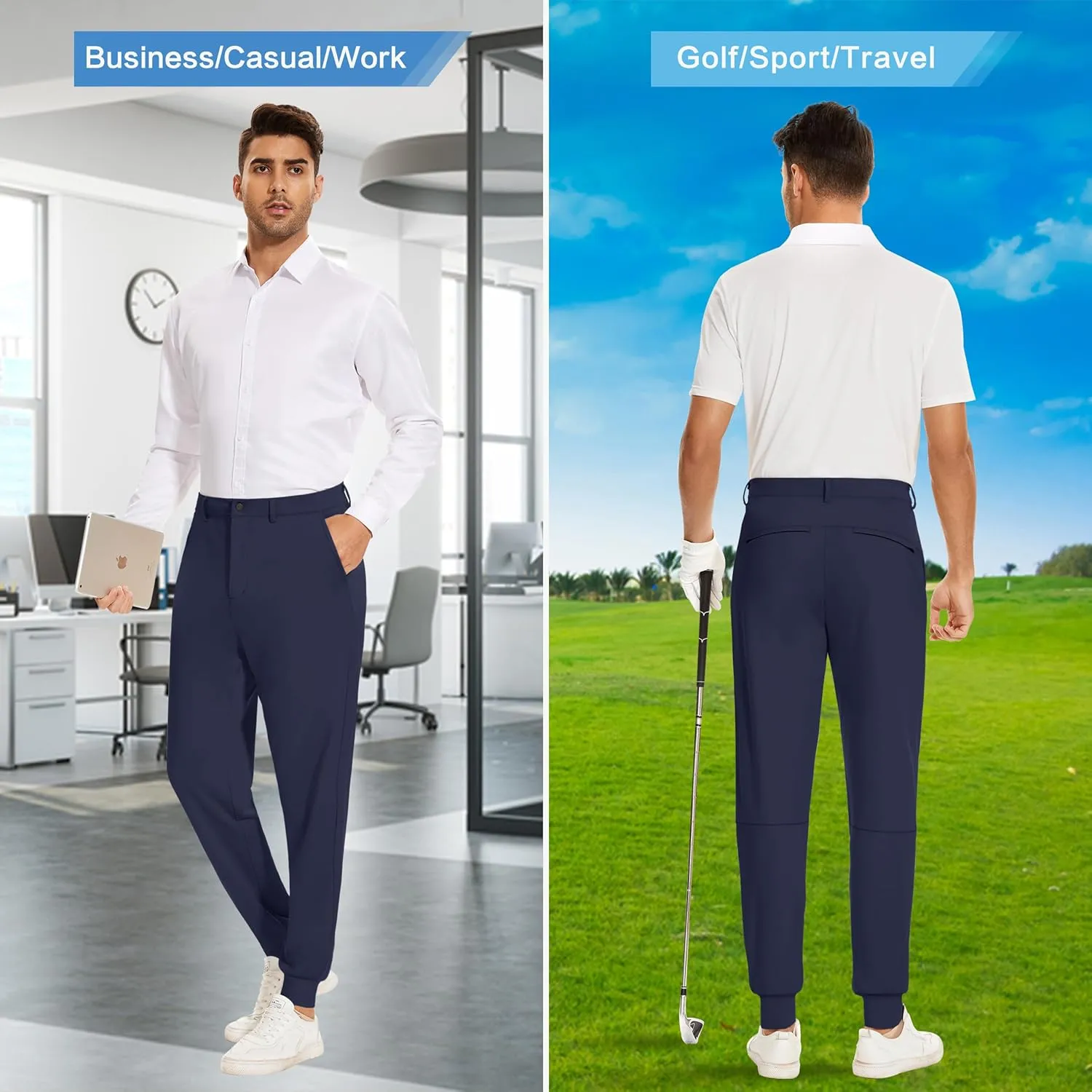 JWM Men's Stretch Golf Joggers Pants with Belt Loops - 29" 34" Slim Fit Tapered Casual Business Travel Dress Work Sweatpants