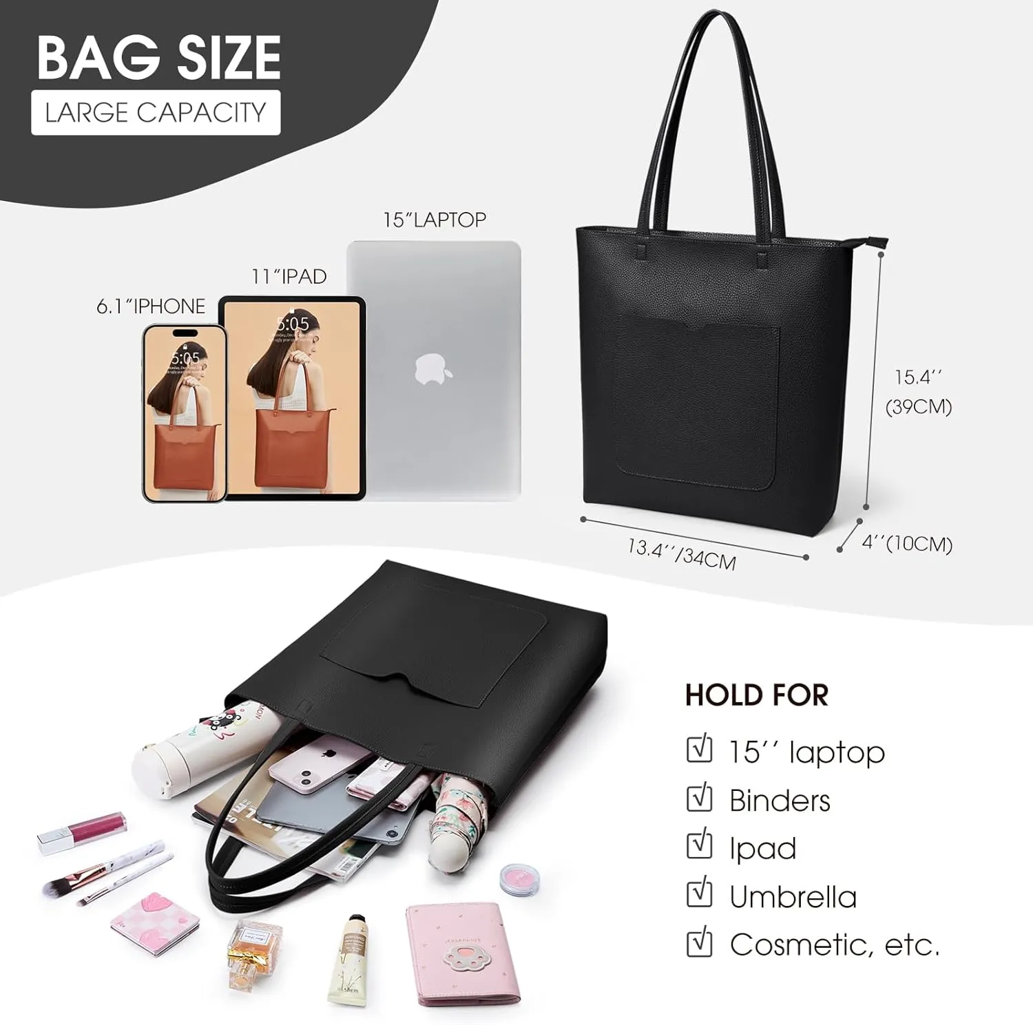 KALIDI Tote Bag Women Shoulder Bag Soft Vegan Leather Purse with Zipper Large Casual Handbags for 17'' Laptop Work Travel