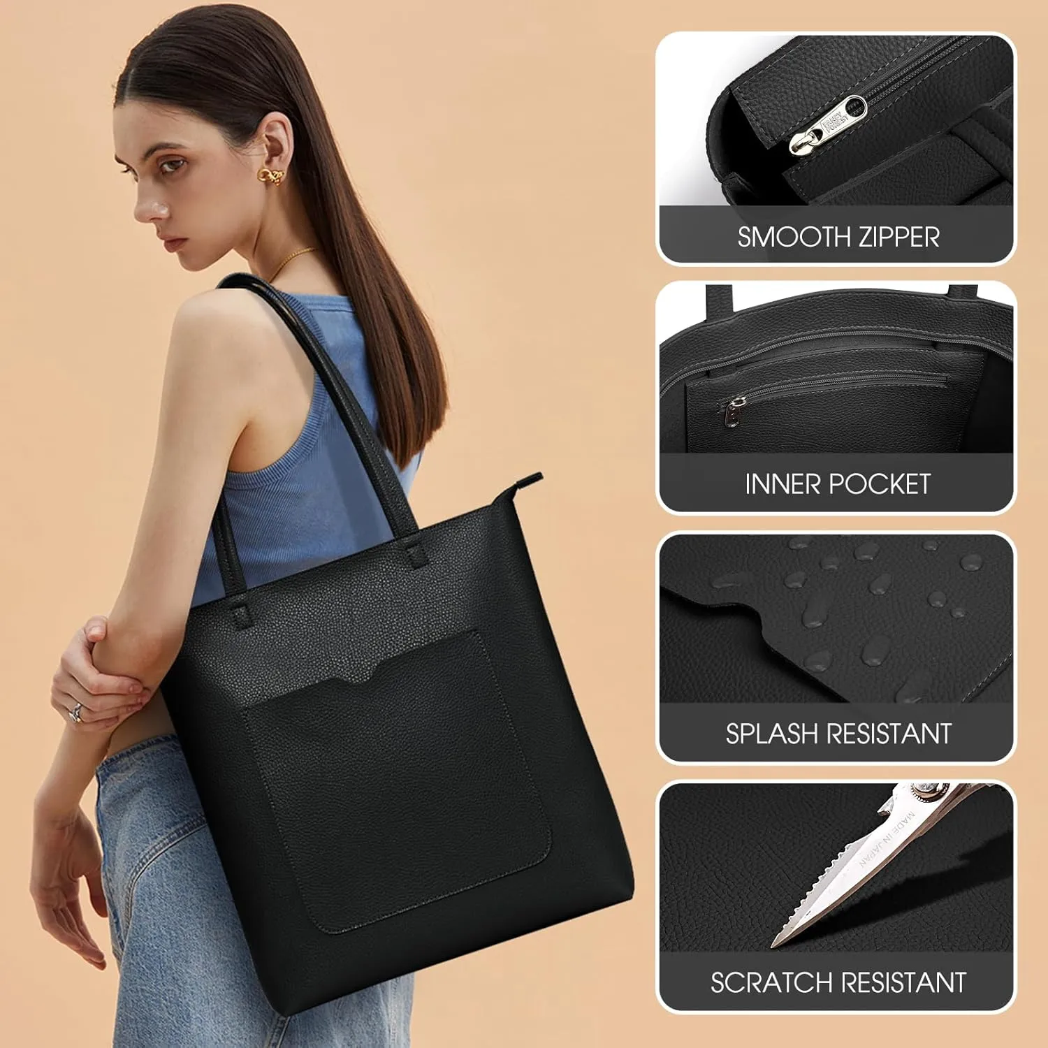 KALIDI Tote Bag Women Shoulder Bag Soft Vegan Leather Purse with Zipper Large Casual Handbags for 17'' Laptop Work Travel