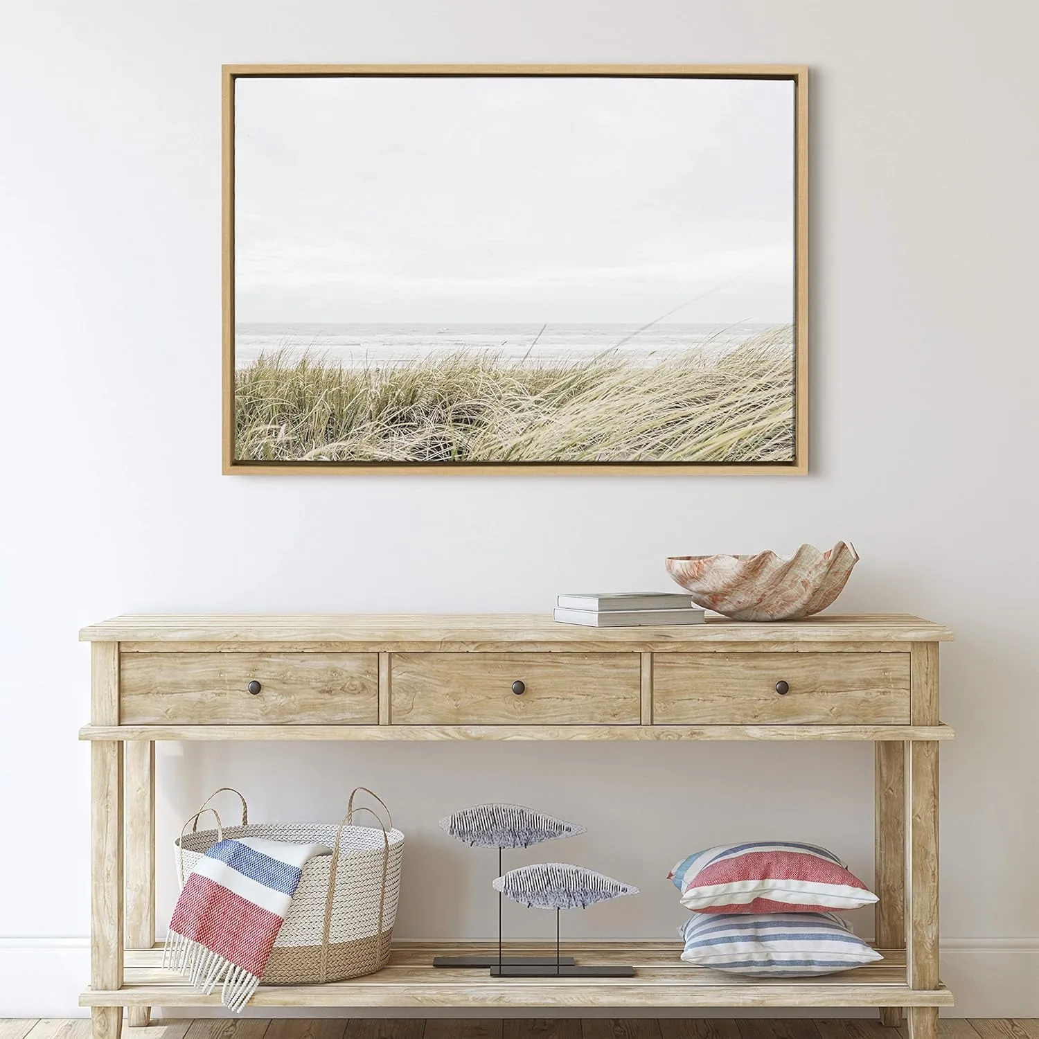 Kate and Laurel Sylvie East Beach Framed Canvas Wall Art by Amy Peterson, 23x33 Natural, Chic Coastal Art for Wall