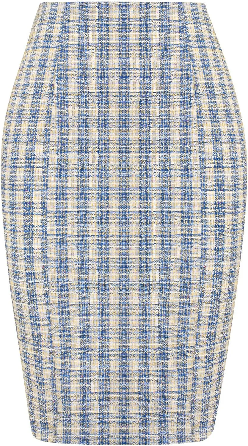 Kate Kasin Womens Knee Length Elastic Waist Stretchy Bodycon Business Tweed Pencil Skirt
