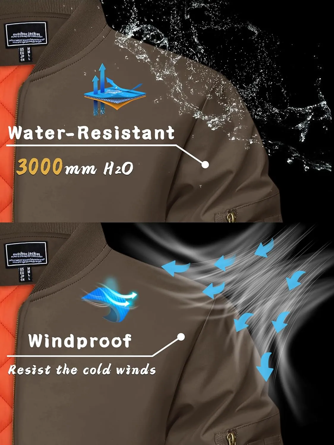 KEFITEVD Men's Jacket Casual Windproof Bomber Jackets Full Zip Windbreaker Warm Winter Padded Coats