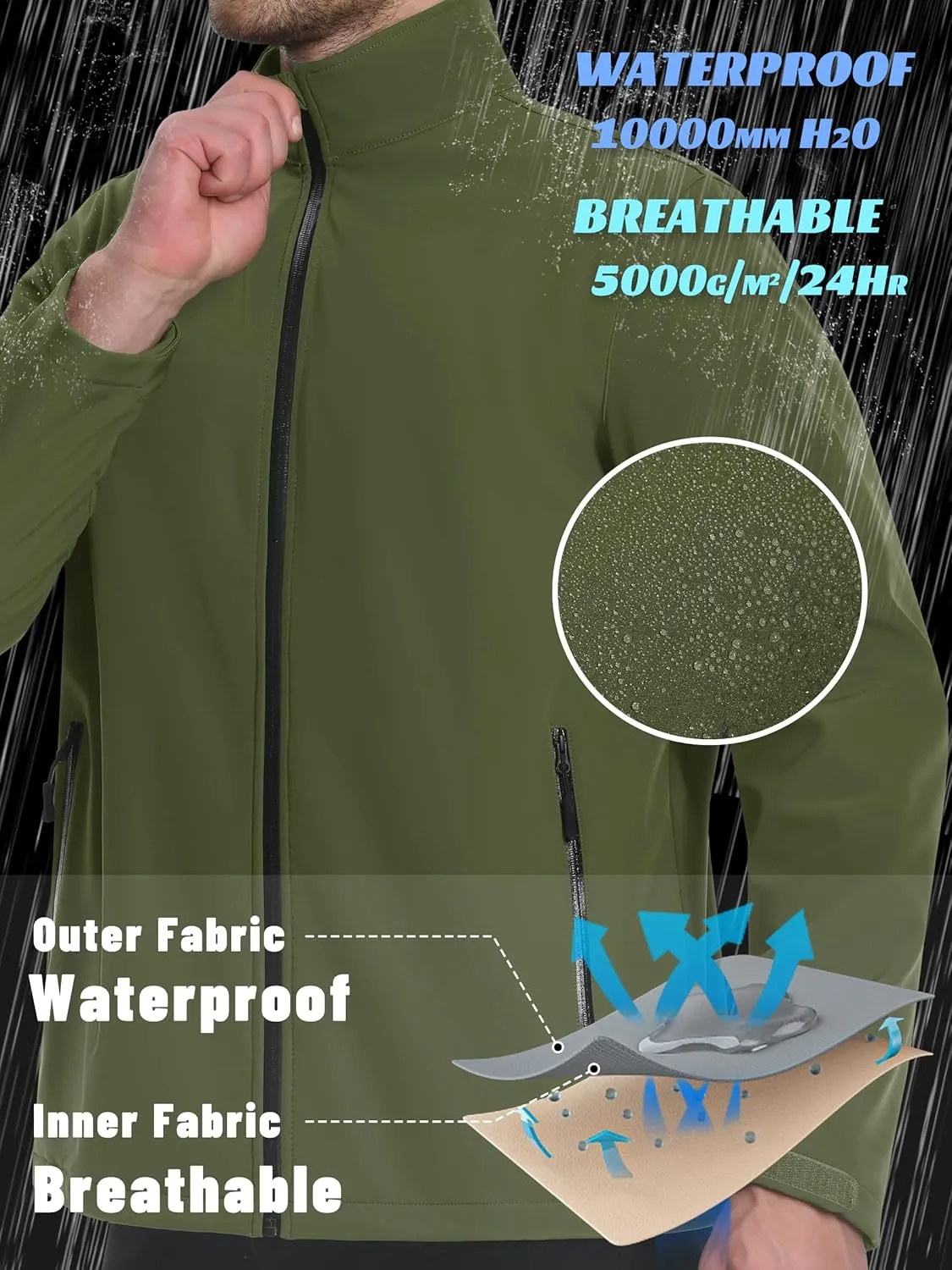 KEFITEVD Men's Tactical Jacket Fleece Lined Softshell Jackets Waterproof Stand Collar Jacket Outdoor Hunting Coat