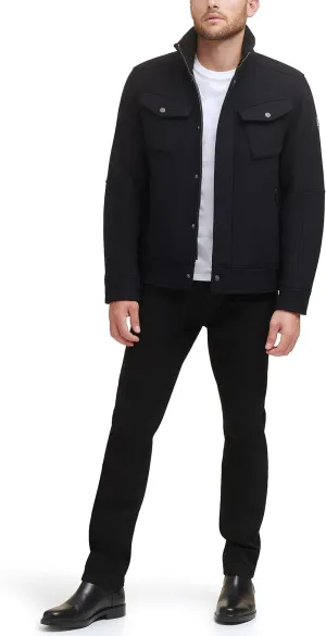 Kenneth Cole Men's Chest Patch Pockets Wool Faux Sherpa Lined Collar Trucker Coat