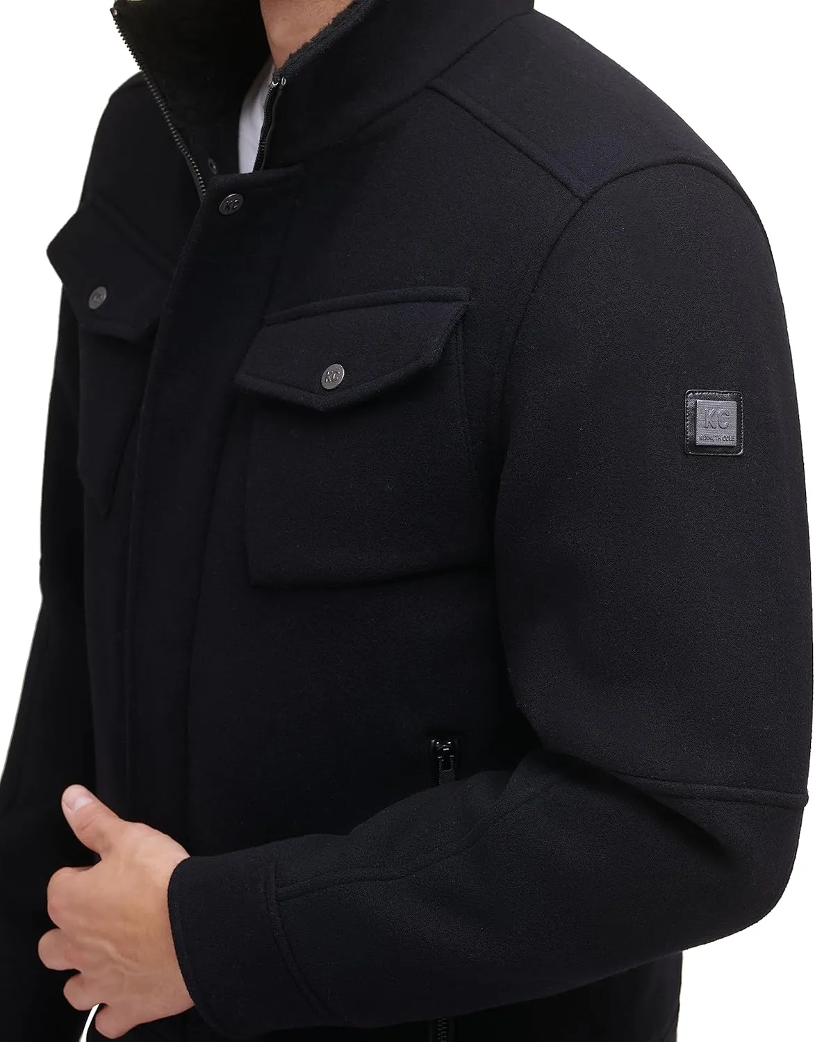 Kenneth Cole Men's Chest Patch Pockets Wool Faux Sherpa Lined Collar Trucker Coat