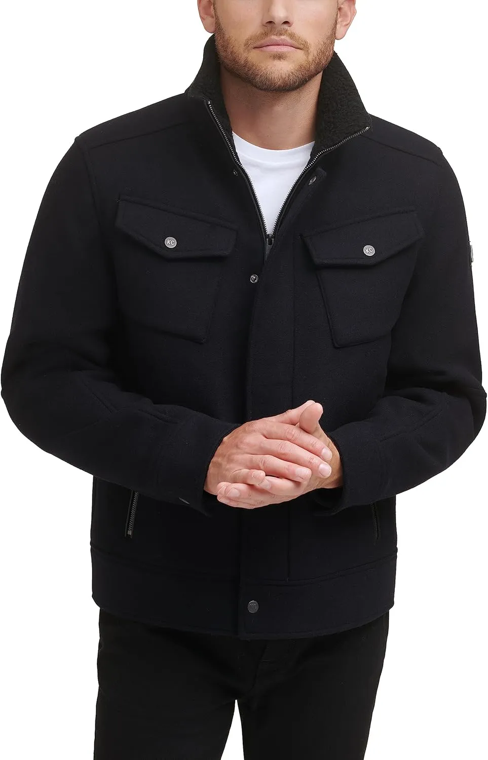 Kenneth Cole Men's Chest Patch Pockets Wool Faux Sherpa Lined Collar Trucker Coat