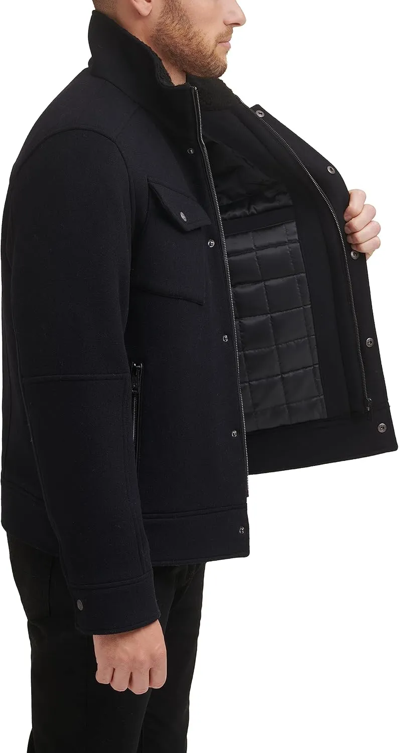 Kenneth Cole Men's Chest Patch Pockets Wool Faux Sherpa Lined Collar Trucker Coat