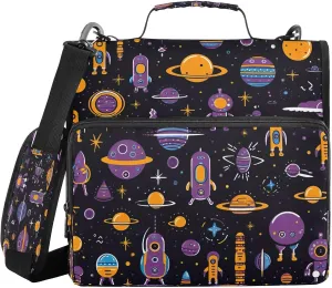 Kigai Cartoon Spacecraft 3 Ring Zipper Binder 1.5 inch D Ring with Shoulder Strap Multi-Pockets Expanding File Folder School Office Supplies Organizer