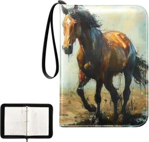 Kigai Horse Painting Trading Card Binder, 4 Pockets Card Album with 400 Cards, Waterproof PU Zip Portable Card Holder for Sports Cards, Game Cards