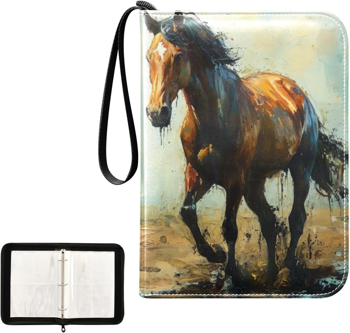 Kigai Horse Painting Trading Card Binder, 4 Pockets Card Album with 400 Cards, Waterproof PU Zip Portable Card Holder for Sports Cards, Game Cards