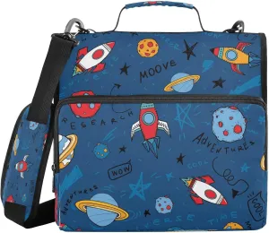 Kigai Space Craft Zipper Binder with Shoulder Strap 1.5 inch 3 Ring D Ring Multiple Pockets Expanding File Folder 13 Inch Laptop Organizer School & Office Supplies