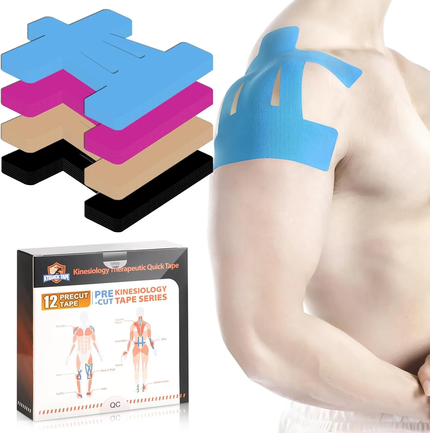 Kinesiology Tape for Shoulder Precut, 12 PCS Shoulder Tape for Pain Relief, KTQUICK Original Cotton Waterproof & Breathable, Enhance Elastic Sports Tape for Pain Support and Muscle Sports, Blue