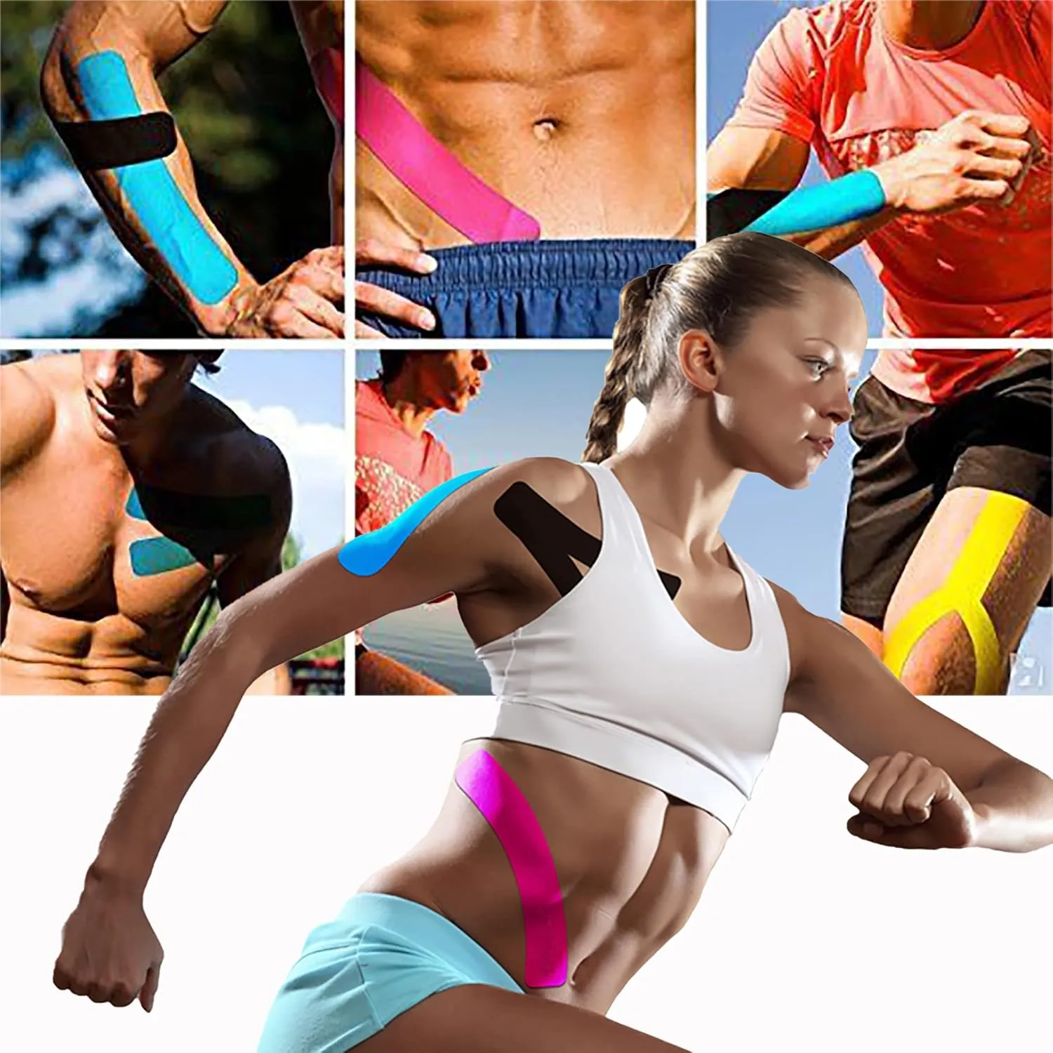Kinesiology Tape Precut (6 Rolls,120 Precut Strips) Waterproof Sports & Athletic Tape Therapeutic Physio Elastic Sports Tape Pain Relief Adhesive for Muscles Shin Splints Ankle Knee & Shoulder(Black)