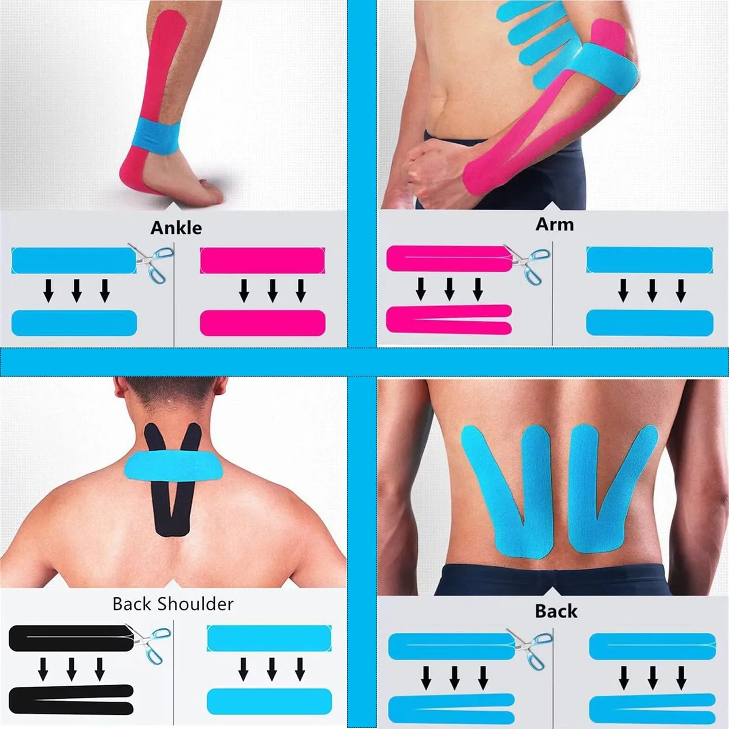 Kinesiology Tape Pro Athletic Sports (3 Rolls,60 Precut Strips) Waterproof Breathable Latex Free Tape for Ankle Wrists Knees Elastic Running Tennis Swimming Football Sports Activities Tapes Black