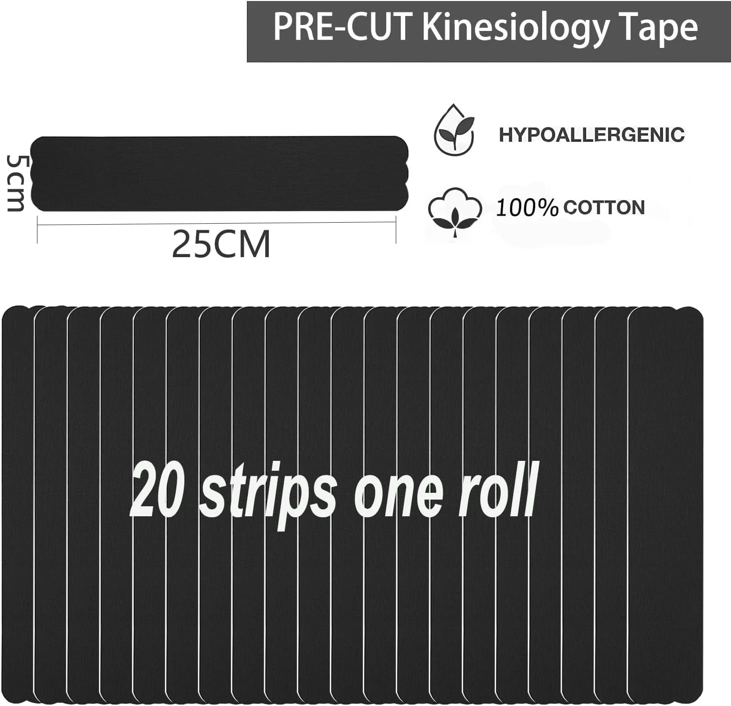 Kinesiology Tape Pro Athletic Sports (3 Rolls,60 Precut Strips) Waterproof Breathable Latex Free Tape for Ankle Wrists Knees Elastic Running Tennis Swimming Football Sports Activities Tapes Black