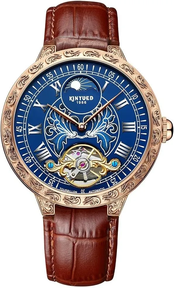 KINYUED Men's Luxury Tourbillon Watch Business Automatic Mechanical Watch, Genuine Leather Strap, Temperament Carving Hollow Out Watch