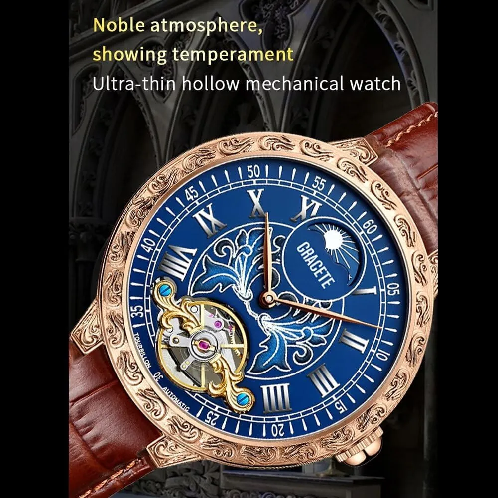 KINYUED Men's Luxury Tourbillon Watch Business Automatic Mechanical Watch, Genuine Leather Strap, Temperament Carving Hollow Out Watch