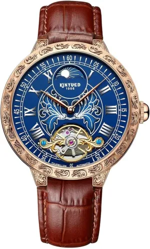 KINYUED Men's Luxury Tourbillon Watch Business Automatic Mechanical Watch, Genuine Leather Strap, Temperament Carving Hollow Out Watch