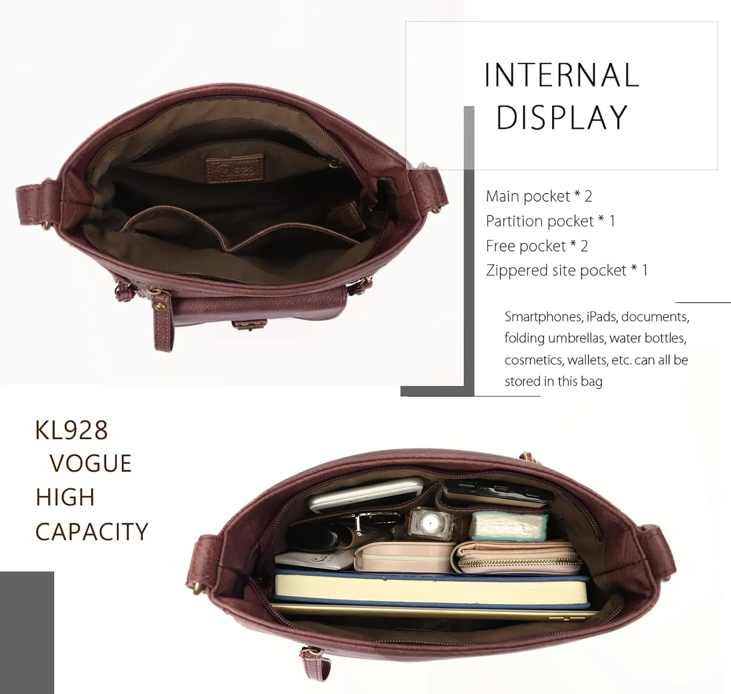 KL928 Crossbody Bags for Women, Multi Pocket Shoulder Bags, Medium PU Leather Cross Body Purses