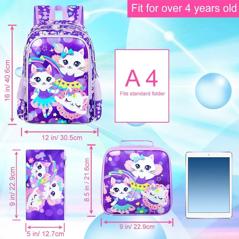 KLFVB 3PCS Girls Cat Backpack, Water Resistant Kids Bookbag with Lunch Box, 16" Preschool Backpacks for Elementary - Purple Cat
