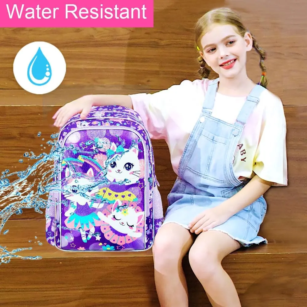 KLFVB 3PCS Girls Cat Backpack, Water Resistant Kids Bookbag with Lunch Box, 16" Preschool Backpacks for Elementary - Purple Cat